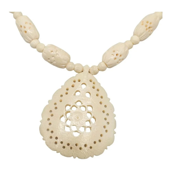 Bovine Bone Bead Beaded Flower Carved Statement Necklace - Picture 2 of 6